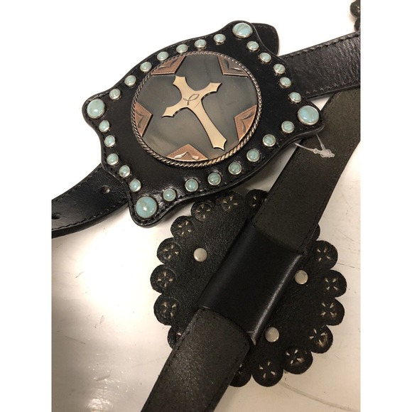 3D LEATHER BELT Cross MEDALLIONS Women’s Size L Large 34-39” Cats Eye Stones New main image 9